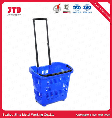 60L Plastik Tekerlekli Alışveriş Sepeti HDPP Çekme Saplı Tekerlekli Alışveriş Sepeti